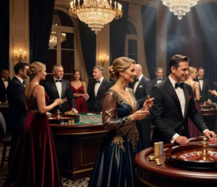 Elegancki wieczór kasynowy w stylu Monte Carlo z gośćmi przy stołach do gry.