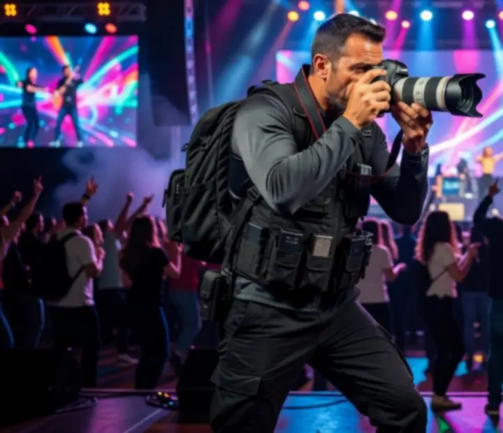Operator kamery i fotograf uchwytujący momenty podczas eleganckiego eventu.