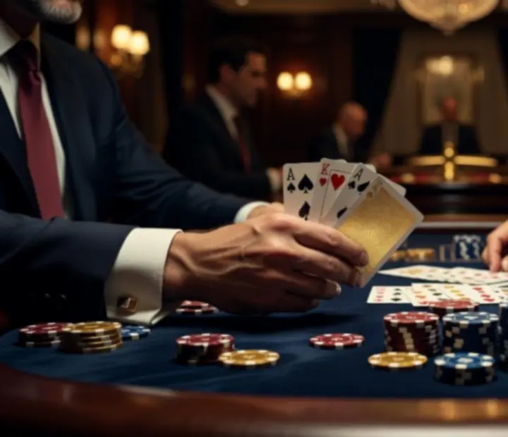 Krupier tłumaczący układy pokerowe na eleganckim evencie