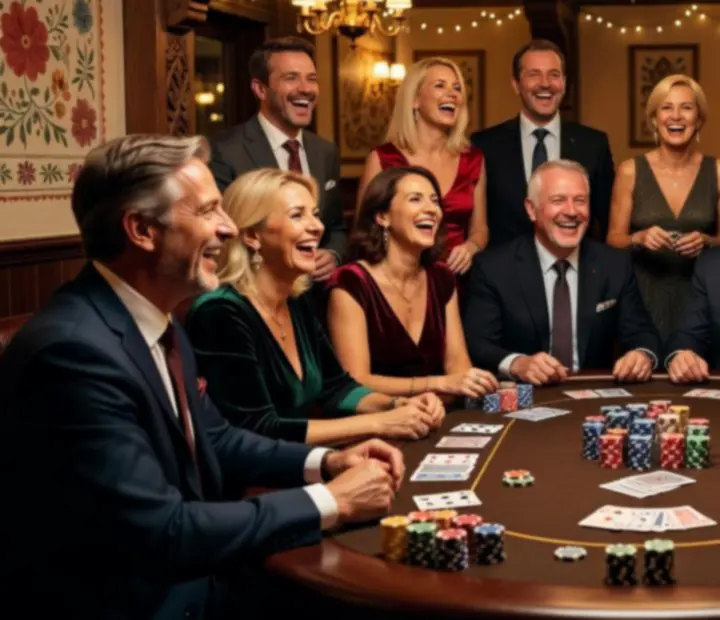 Uśmiechnięci uczestnicy wieczoru pokerowego podczas eventu