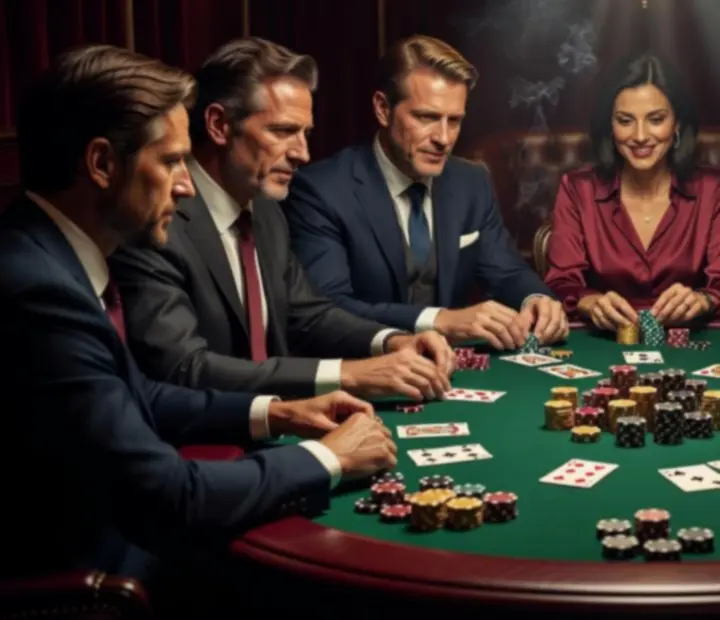 Pokerowy stół z kartami i żetonami w klimatycznym oświetleniu.