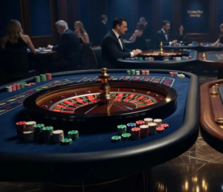 Profesjonalne stoły do ruletki i blackjacka w efektownym świetle.